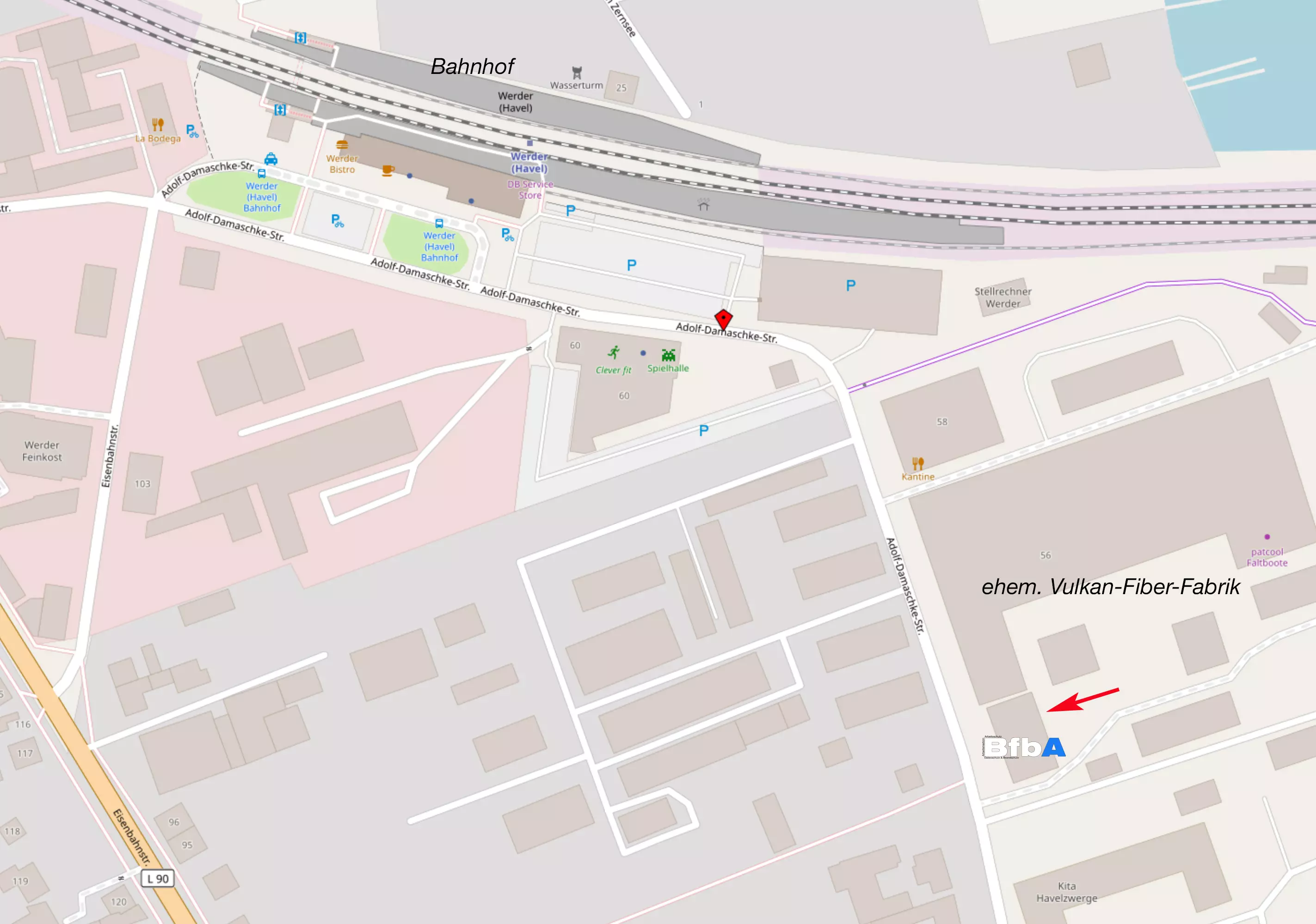 Anfahrtsplan BfbA GmbH mit Lage von Bahnhof, Parkplätzen und Haus 16